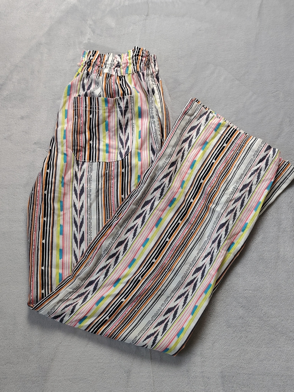 Cali1850 White & Neon Geometric Print Wide Leg Linen Blend Pants Size Large